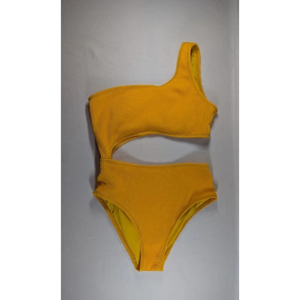 Women's Pink Lily Yellow One Shoulder Cutout One Piece Swimsuit M